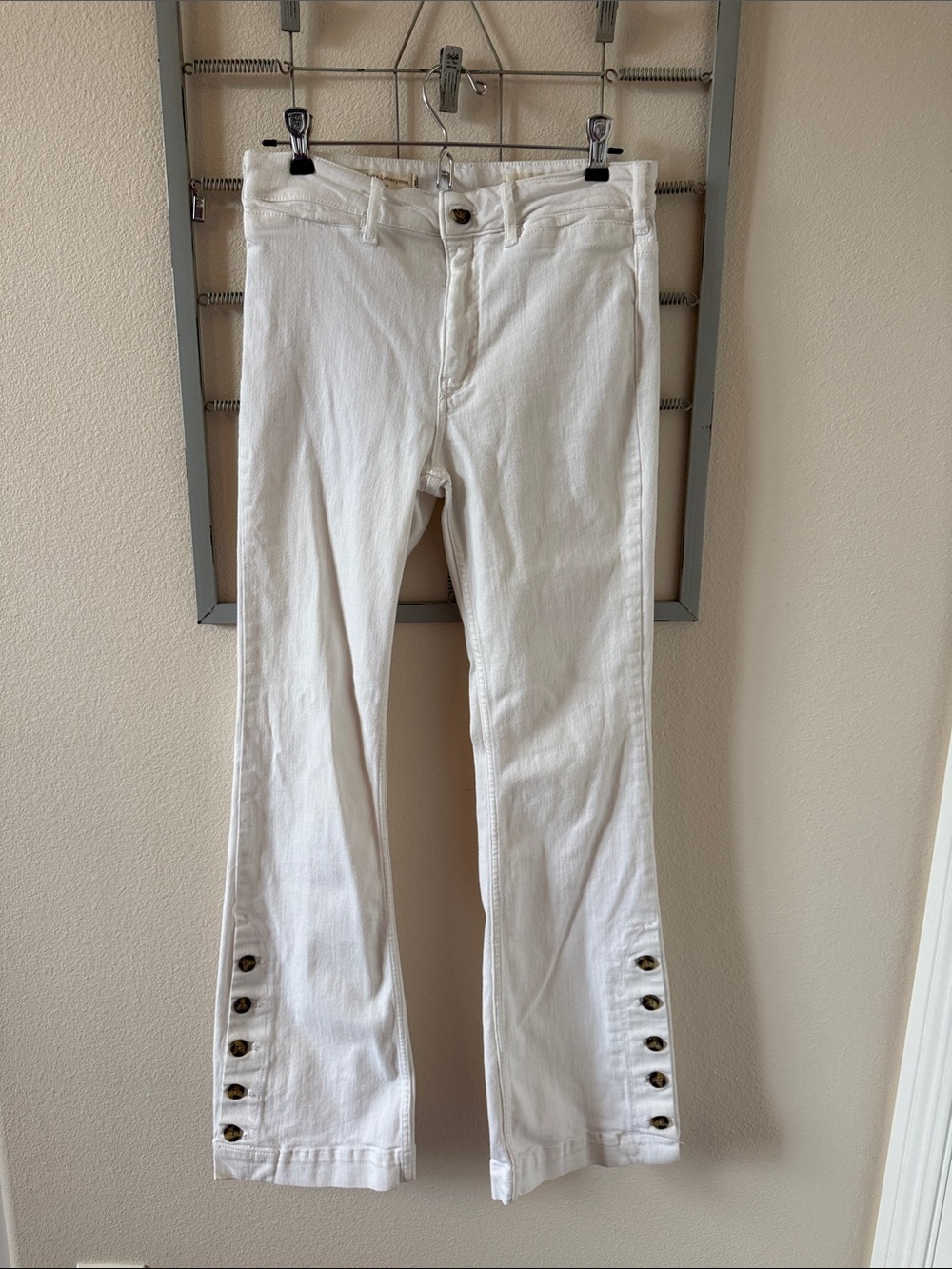 Pilcro and the Letterpress White Flare Jeans with Button Cuff